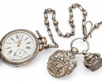Lot 55 | Perret & Fils, of Les Brenets (Zurich) Brenefts Silver Hunter Pocket Watch with Chatelain 1865, Dia. 2"