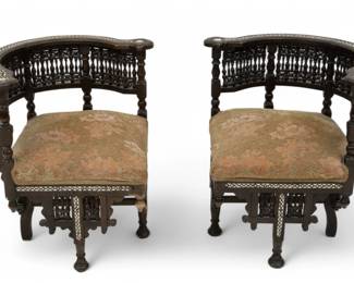Lot 1093 | Syrian Damascus Ebonized Wood, Bone And Mother of Pearl Corner Chairs, Ca. 1890-1910, H 30" W 21" Depth 21" 1 PAIR