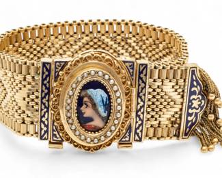 Lot 2 | 14k Yellow Gold And Enamel Mesh Bracelet , Optional Watch 1950, 77 g