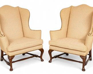 Lot 1100 | Queen Anne Style Mahogany Wingback Chairs, 20th C., H 46" W 38" Depth 33" 1 PAIR