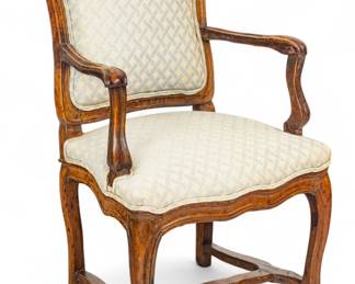 Lot 1098 | Country French Carved Walnut Upholstered Armchair, 1780, H 37.75" W 22" Depth 17.5"