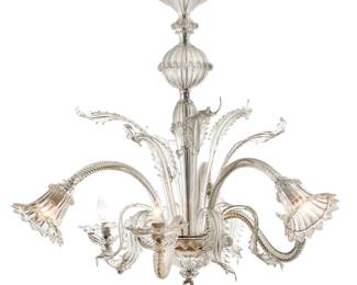 Lot 70 | Venetian Hand Blown Clear Glass Six Light Chandelier, H 35" Dia. 37"