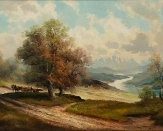 Lot 1023 | Helmut Stadelhofer (German, 1914-1979) Oil on Canvas 'Logging', H 28" W 39" Frame Size: H 36" W 47"
