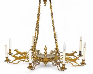 Lot 68 | English Hand Hammered Brass Eight Light Chandelier, 1810-1820, 'Running Deer', H 31" Dia. 34.5"