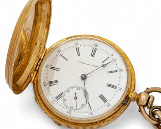 Lot 54 | Jules Huguenin, (Neuchatel) 18K Gold Hunter Case Pocket Watch, with Key & Chain 1860, SN: 44580, Dia. 1.6"