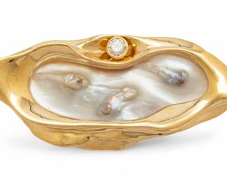 Lot 29 | Freeform Style 14kt Yellow Gold, Pearl, And Diamond Brooch L 2" 20 g