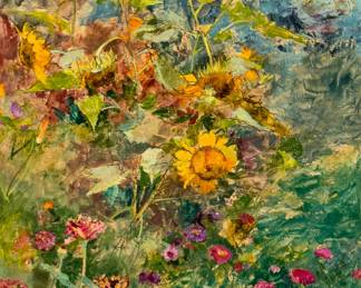 Lot 1029 | Richard Jerzy (American, 1943-2001) Acrylic And Oil on Masonite, 1990, 'Wild Sunflowers And Roses', H 32" W 24" Frame Size: H 36" W 28"
