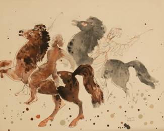 Lot 1034 | Reuven Rubin (Israeli, 1893-1974) Watercolor on Handmade Paper 'Arabian Horses', H 25" W 19" 1 PC