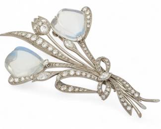 Lot 18 | Diamond And Moonstone Platinum Tulip Brooch 1940, H 2.7" 11 g