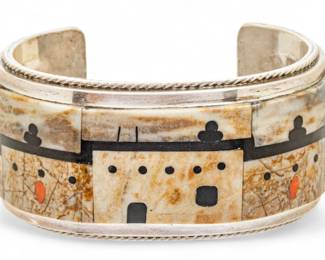 Lot 48 | Gilbert Calavaza (Zuni) Sterling Silver & Stone Inlay Pictorial Bracelet W 2.7" 108 g