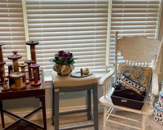vintage spools, dining chair, antique side table