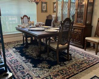 Thomasville table, 1 leaf, 6 chairs & china cabinet, rug 7 ft. 6" X 11ft. 6"