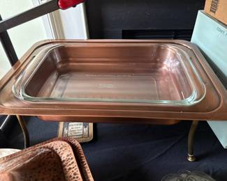 Southern Living Home Hammered Copper Hot Water Warming Serving Pan with Brass Stand
