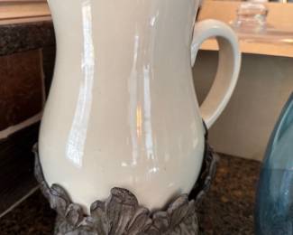 Acanthus Stoneware Pitcher with Metal Base