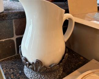 Acanthus Stoneware Pitcher with Metal Base