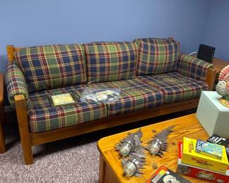 plaid upholstered & wood sofa/ futon