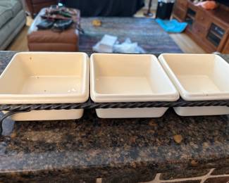 Set of 3 ceramic serving dishes in a metal stand
