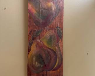 painting of pears on wood plank