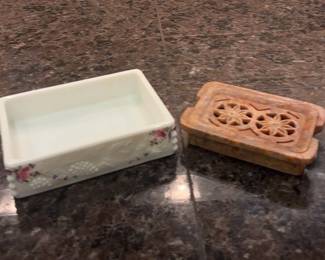 Milk Glass Candy Dish, Soapstone Hand Carved Soap Dish