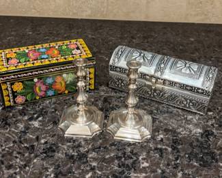 Hand Painted Mexican Folk Art Box, Silver Metal Covered Jewelry Box, 2 Silver Plate Candle Holders