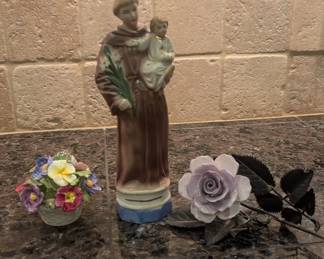 Saint Anthony Of Padua Figurine, Aynsley Bone China Flower Basket, Metal Decorative Flower