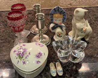 Assortment Of Candle Holders, Figurines Heart Shaped Trinket Box