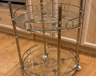 Mid Century Modern Round Brass and Glass Bar Cart