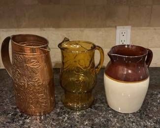 Vintage Bronze Water Tanker, Vintage Glass Garden Pitcher, Vintage Brown Tan Pitcher