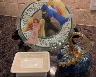 Glass Angel Plate, Blown Glass Pumpkin, Vintage Rectangular Jewelry Try