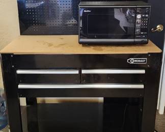 Work bench with tool drawers (microwave sold separately)