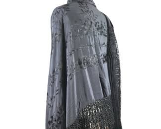 Embroidered Black Silk Shawl with Fringe