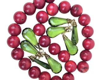 Round Coral and Green Teardrop Beads
