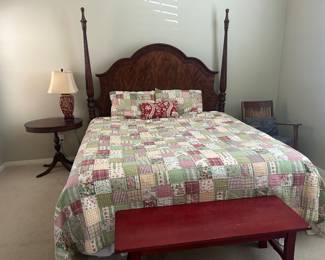 King headboard, side tables, red bench
