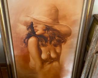 "Nude with Hat" by Maher Morcos, an original oil painting, signed on bottom, the size is 24" x 36" framed