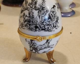 Vintage Porcelain footed Egg Shaped hinged Trinket Box