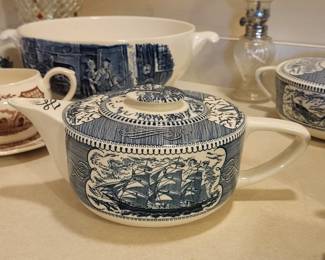 Royal Currier & Ives Blue Teapot Nautical Sailing ships