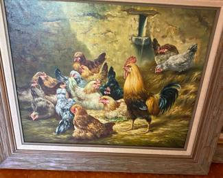 "Chickens" by Gaston Dubois, an original oil painting, signed on bottom, the size is 20" x 24" Framed