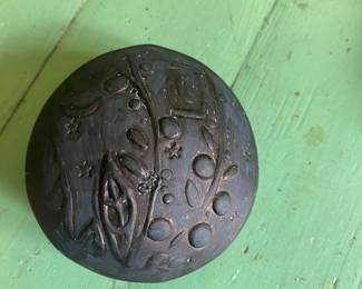 Handmade Clay 3.5" Rattle Shaker Instrument Sun Emboss color: Turquois & Black Vintage Native American Pow Wow