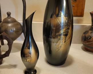 Vintage Mid Mod Japanese Fine Arts Etched Mixed Metal Vases