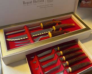 Vintage Sheffield England Carving set with Steak Knives - Bakelite Faux Horn Handles