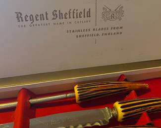 Vintage Sheffield England Carving set with Steak Knives - Bakelite Faux Horn Handles