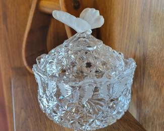 Vintage Hofbauer Crystal candy dish frosted butterfly lid