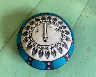 Handmade Clay 3.5" Rattle Shaker Instrument Sun Emboss color: Turquois & Black Vintage Native American Pow Wow