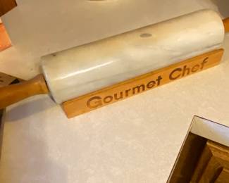 Vintage Marble Rolling Pin in Wooden Holder