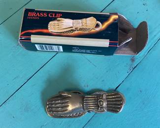 Mid-Century Large heavy Brass Spring Figurine Paperclip - Letter Clip Handshape decor