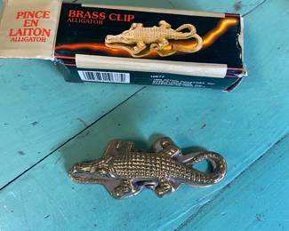 Mid-Century Large heavy Brass Spring Figurine Paperclip - Letter Clip Alligator decor