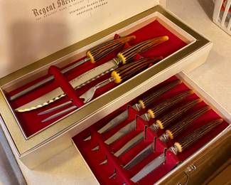 Vintage Sheffield England Carving set with Steak Knives - Bakelite Faux Horn Handles