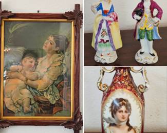 Porcelain figurines & vase with mother & child in an Adirondack frame