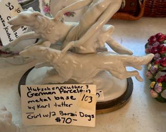#103 Hutschenreuther german Porcelain Metal Base w/Karl Tutter - Girl w/2 Borzoi Dogs $70.00