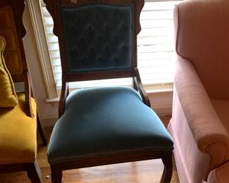 #19 East Lake Blue Velvet Button back Chair w/wood Carving $40.00